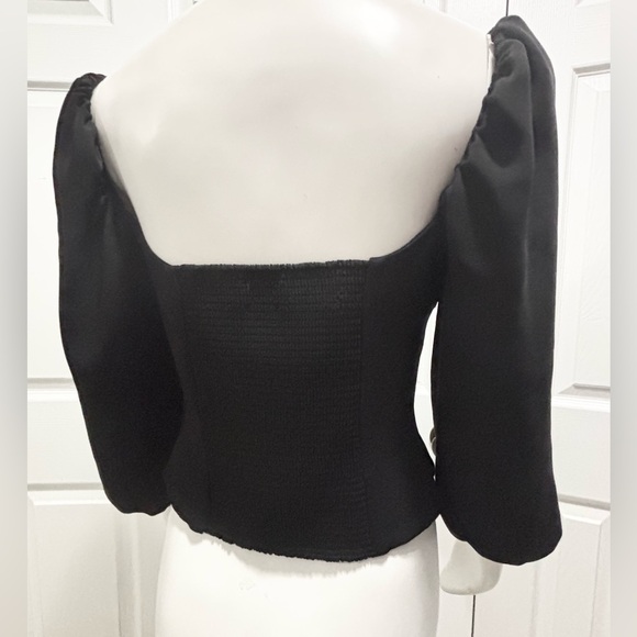 Aritzia Wilfred Novella Blouse Black Smocked Puff Sleeve Prairie Size Medium - Picture 8 of 12